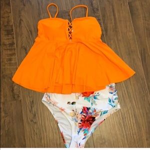 Orange Ruffled tankini with high waist bottoms
